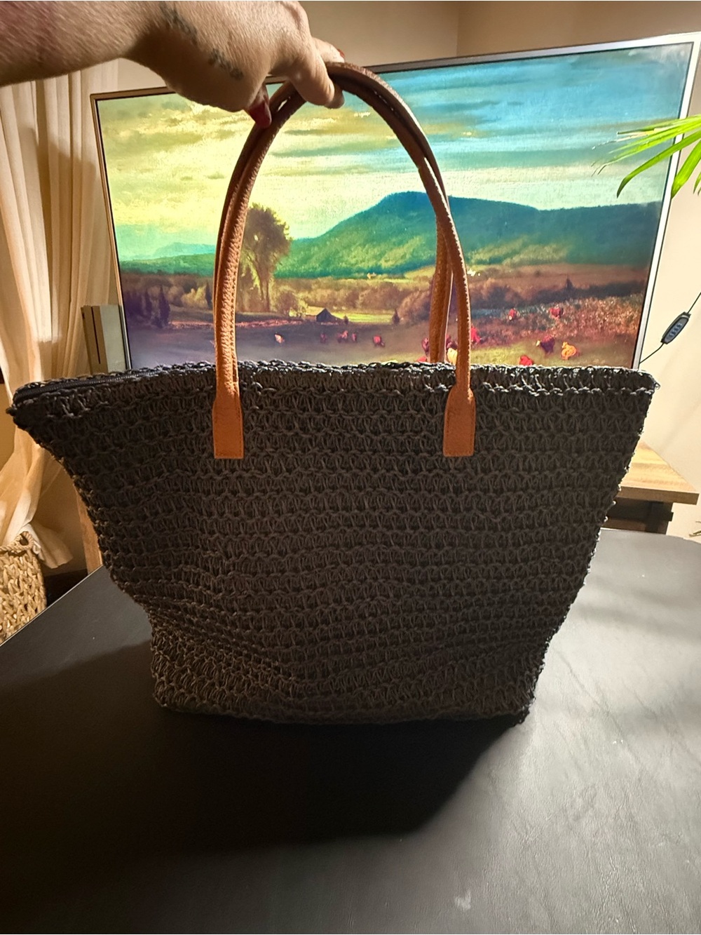 H&M Navy Braided Paper Straw Tote Bag Beach Shopper